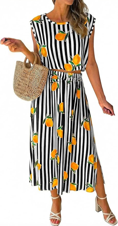 Tankaneo Womens Striped 2 Piece Skirt Sets Summer Lemon Print Sleeveless Tank Tops Maxi Dress Bea... | Amazon (US)