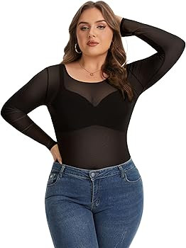 Amazon.com: Women's Mesh Tops Sheer Plus Size See Through Long Sleeve Shirts Bodycon Crew Neck Bl... | Amazon (US)