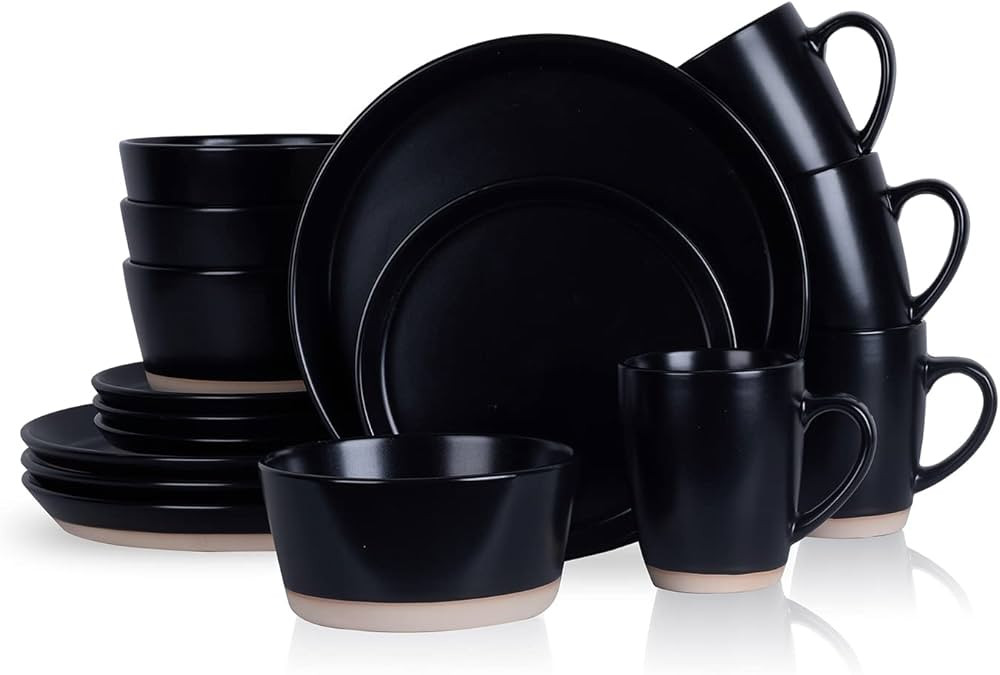 Stone Lain Jules Modern Stoneware 16-piece Round Black Dinnerware Set, Plates and Bowls Sets, Dis... | Amazon (US)