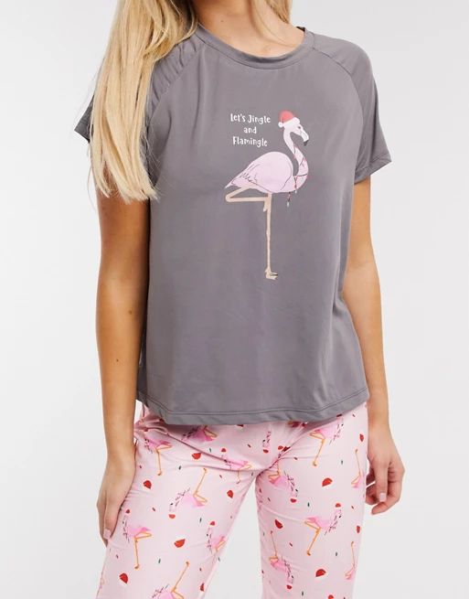 Loungeable christmas flamingo super soft pajama set in pink | ASOS (Global)