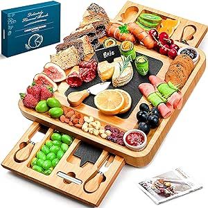 Easoger Charcuterie Boards, Large Bamboo Cheese Board, Appetizer & Cheese Platter with 2 Drawers,... | Amazon (US)