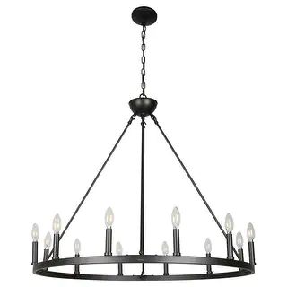 12 Light Chandelier Wagon Wheel (37” Wide) Matte Black Steel Frame - Matte Black | Bed Bath & Beyond