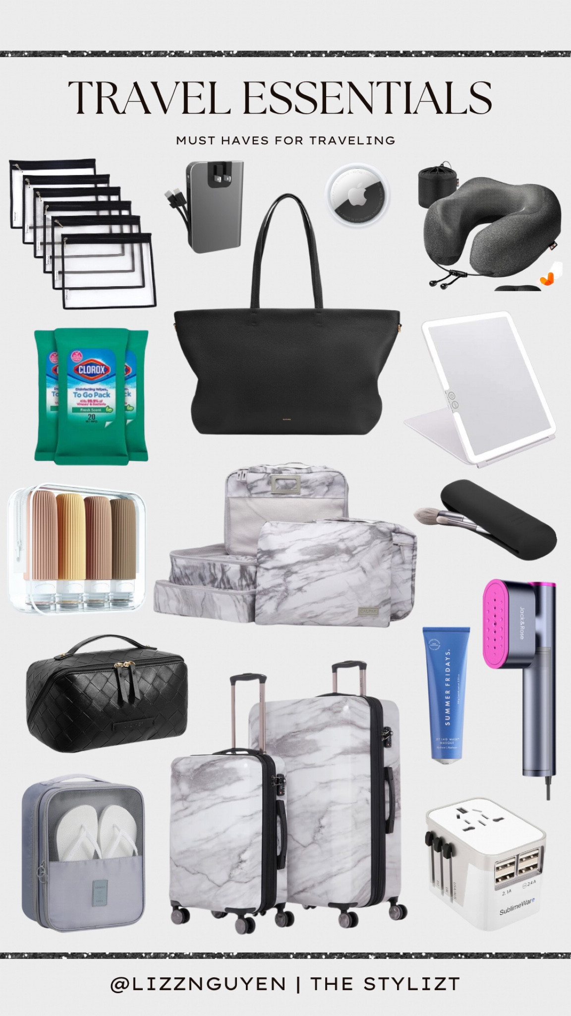 Gift ideas for the traveler ✈️ My luggage set is on sale and would be a chic gift—love the marble design to differentiate from the typical black luggage. Love the matching packing cubes. Love this tote bag for work and travel with a zipper top closure to keep your valuables secure. The clear plastic bags help keep all your stuff organized in your tote bag. Clorox wipes are a must to wipe down public surfaces. I love this makeup bag, toiletries bag and shoe bag. I always bring a travel mirror with LED light just in case the hotel doesn’t really have good lighting for makeup. This travel steamer is compact and works internationally. The jet lag mask from Summer Fridays is a must to help keep my skin moisturized. The neck pillow is great for traveling as it expands and can be packed away after use. An air tag is a must to keep track of your belongings and I love this fast travel charger that has a dual charger for iPhones and Androids. 

Travel gift ideas, gift guide, travel essentials , travel must have, travel, airport, luggage, sale, charger, travel charger, The Stylizt 





#LTKGiftGuide #LTKTravel #LTKFindsUnder100