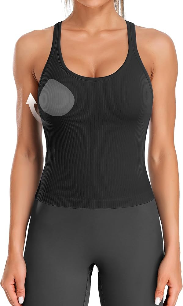 ATTRACO Ribflex Ribbed Workout Crop Tops with Built in Bra for Women Yoga Racerback Tank Top Slim... | Amazon (US)