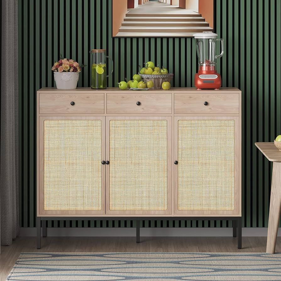 Yechen Sideboard Cabinet with Handmade Natural Rattan Woven Doors and Drawers, Buffet Cabinet Acc... | Amazon (US)