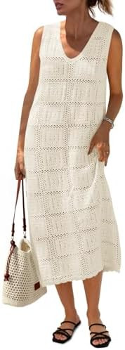 Fisoew Womens Crochet Sleeveless Dress Casual Summer V Neck Boho Knit Cover Up Beach Vacation Mid... | Amazon (US)