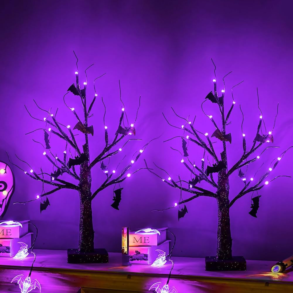 2Pack Halloween Tree, Black Spooky Tree with 24LED Purple Lights and 10 Bat Ornaments Battery Pow... | Amazon (US)