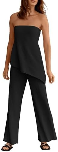 Tankaneo Womens 2 Piece Outfits Asymmetrical Tube Top Wide Leg Pants Knit Vacation Travel 2025 Ma... | Amazon (US)