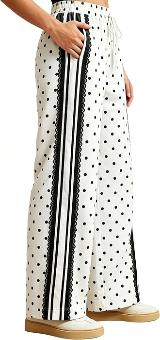 Yeokou Women's Wide Leg Pants Polka Dot Lace Striped High Waisted Casual Track Pants with Pockets... | Amazon (US)