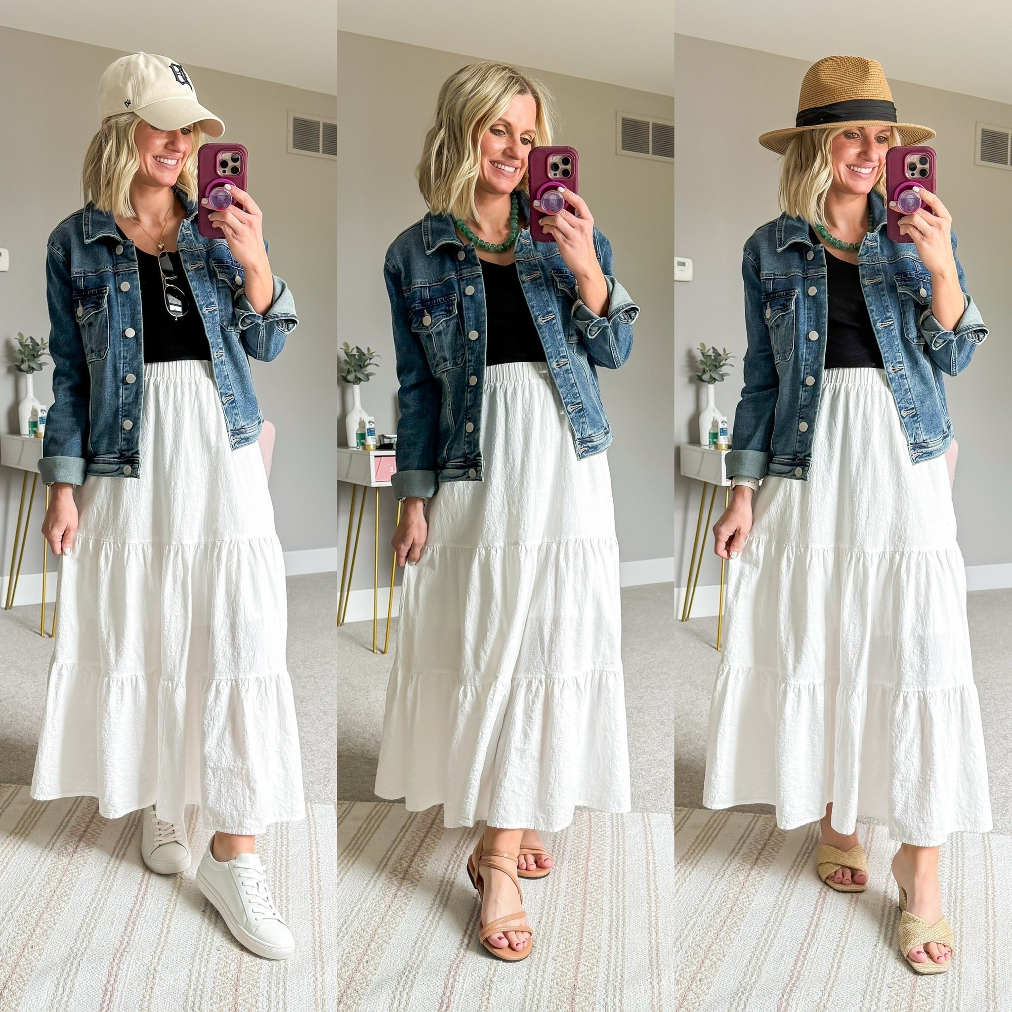 Mom friendly summer capsule wardrobe with white maxi skirt outfits.
