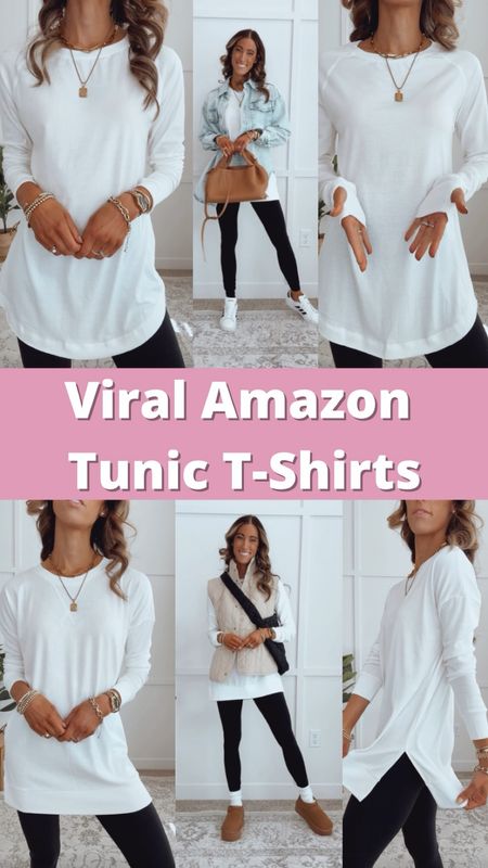 ✨These tunic t-shirts have great length and look so good styled with leggings! Style multiple ways for year round wear! 

✨Both come in multiple color options and fit true to size. I’m wearing a size small in both. 

#LTKsalealert #LTKfindsunder50 #LTKfindsunder100