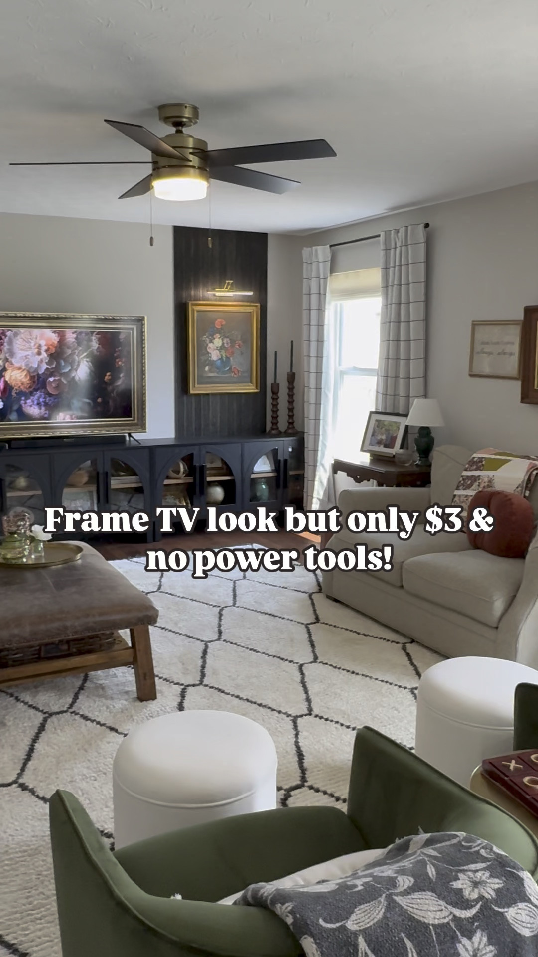 I’ve gotten A LOT of feedback when I’ve shared this in the past so here are some FAQs answered & replies to the comments most frequently given:

Let me start with, I promise, there is no physical frame on the TV. The “frame” you see is all just in the YouTube image. If you don’t believe me, it takes you about 30 seconds to try it for yourself 🙃

1. “Do you have to leave your TV on all the time & does it increase your electric bill?” 
- We only leave our TV on like this when we are hosting a party or just for fun a few hours at a time. We don’t leave it on 24/7 so no, doesn’t affect our bill and that’s why I added the gold tape, so there is some kind of “frame” even when the TV is off. 
2. “What do you search to find those images?”
- I searched “vintage framed floral tv art” but you can replace floral with whatever theme you want, landscape, Christmas, etc. 
3. “Doesn’t this burn the image into your TV?”
- If you left your TV on 24/7, then maybe? BUT most of the YouTube images turn off after a few hours & many even have slight movement you can’t notice to prevent this. You can also search for “slideshow” images so they switch out therefore, no burning image risk.
4. “You should mount the TV”
- I’m aware this is an unpopular opinion, but I hate mounted TVs…but if you prefer that look in your home, do it! 
5. “It’s not the same, you should just get a Frame TV” 
- My personal fav response 😂 No, it’s not the same. Not at all. And I’m not trying to fool anyone! This is just for a fun look at a budget anyone can afford. You don’t even have to spend the $3, the YouTube images are free! 

Let me know if you have any questions I missed! 