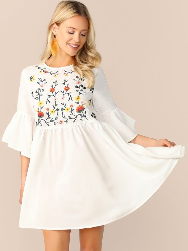 SHEIN Embroidered Floral Flounce Sleeve Smock Dress | SHEIN