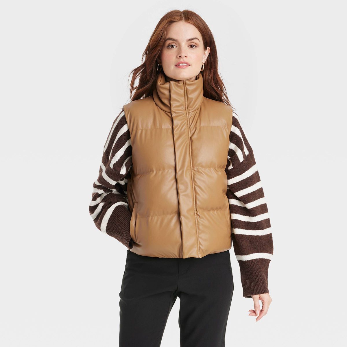 Women's Faux Leather Puffer Vest - A New Day™ Brown XS | Target