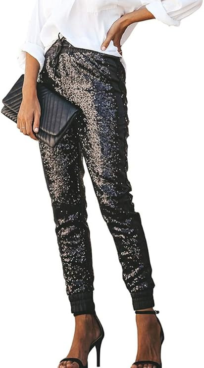 ALLUMK Womens Black Sequin Bling Legging Joggers Pencil Pants with Drawstring | Amazon (US)