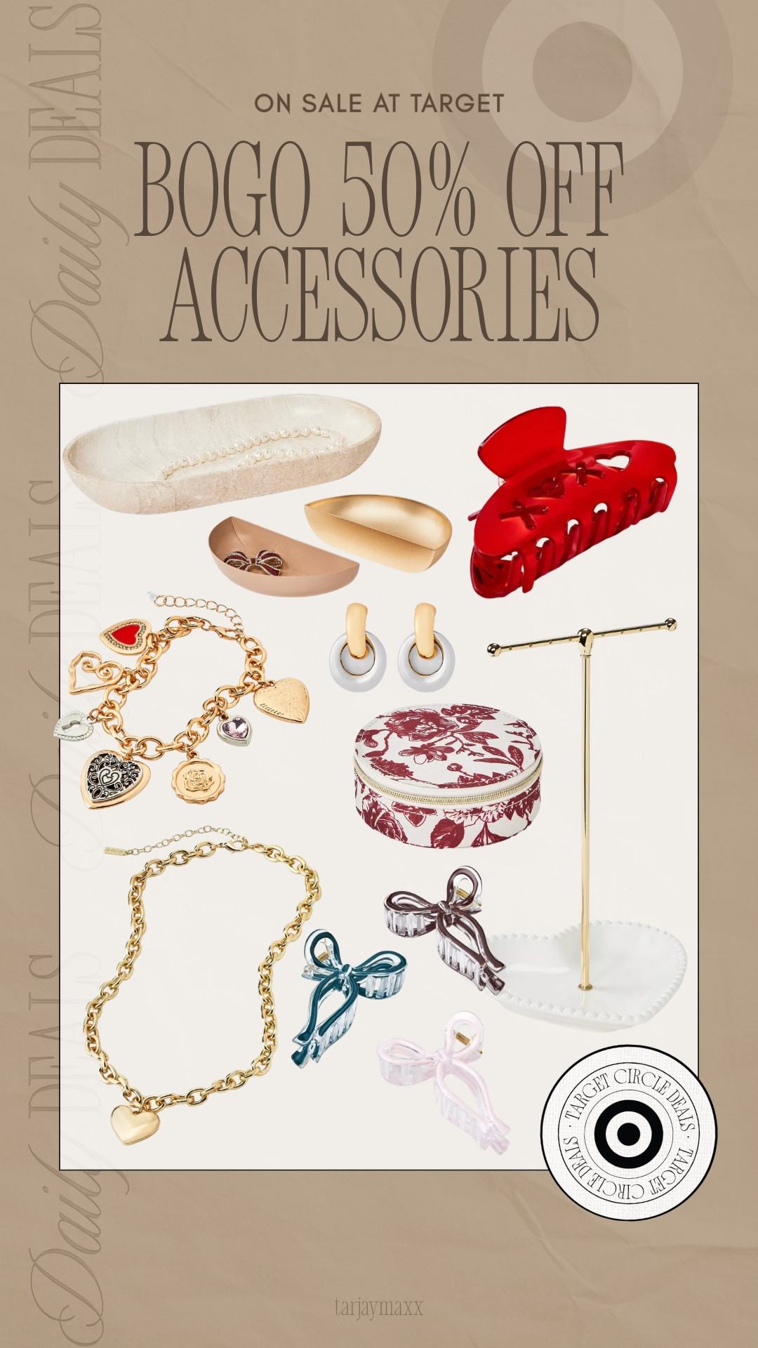 Target is coming through with the best bogo 50% off deal on hair and jewelry accessories! You can mix and match so many cute pieces like gold heart charm bracelets, floral jewelry boxes, and those viral bow hair clips. I am loving the variety for building a perfect stack or finding the right statement claw clip for your next hair day. These accessories are such high quality for the price and make the best gifts or personal treats. accolade crew neck pullover, chocolate brown outfit, date night outfits, dark wash denim, silver hardware, analog hobbies, valentines outfit women, knits and shawls, valentines day outfit women, vacation outfits beach, target bogo, hair accessories, jewelry sale, target circle deals, target finds, charm bracelet, heart jewelry, claw clips, bow clips, jewelry storage, gold jewelry, target style, aesthetic accessories, valentine gift ideas, viral target finds, jewelry tray, hair styling, accessorize, target deals 

 #LTKdayinmylife #LTKSeasonal #LTKBeauty