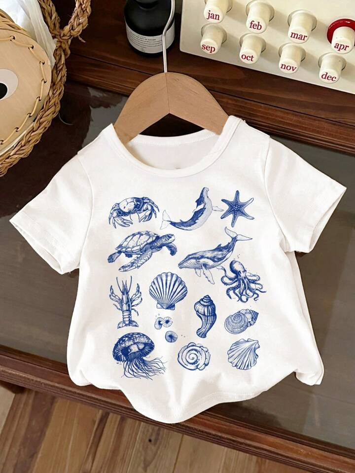 SHEIN ModeFlare Wear Baby Boy Casual Minimalist Cartoon Ocean Animal Graphic Print Short Sleeve C... | SHEIN