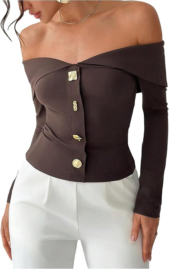 WDIRARA Women's Off The Shoulder T Shirts Metal Button Long Sleeve Tee Going Out Top | Amazon (US)