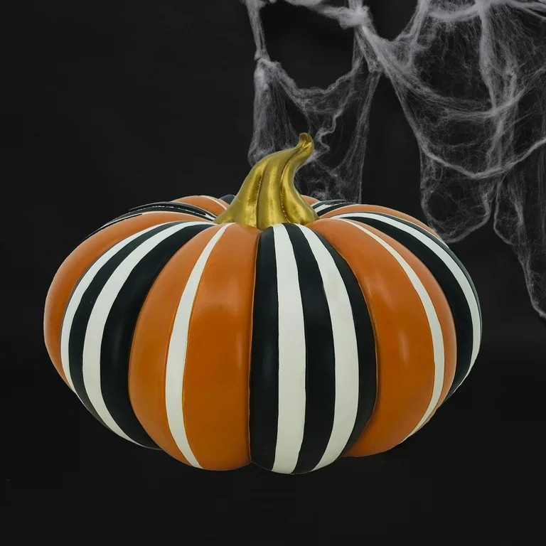 Halloween Striped Resin Pumpkin Decoration, Black/White/Orange, 10 in x 10 in x 6.5 in, by Way To... | Walmart (US)