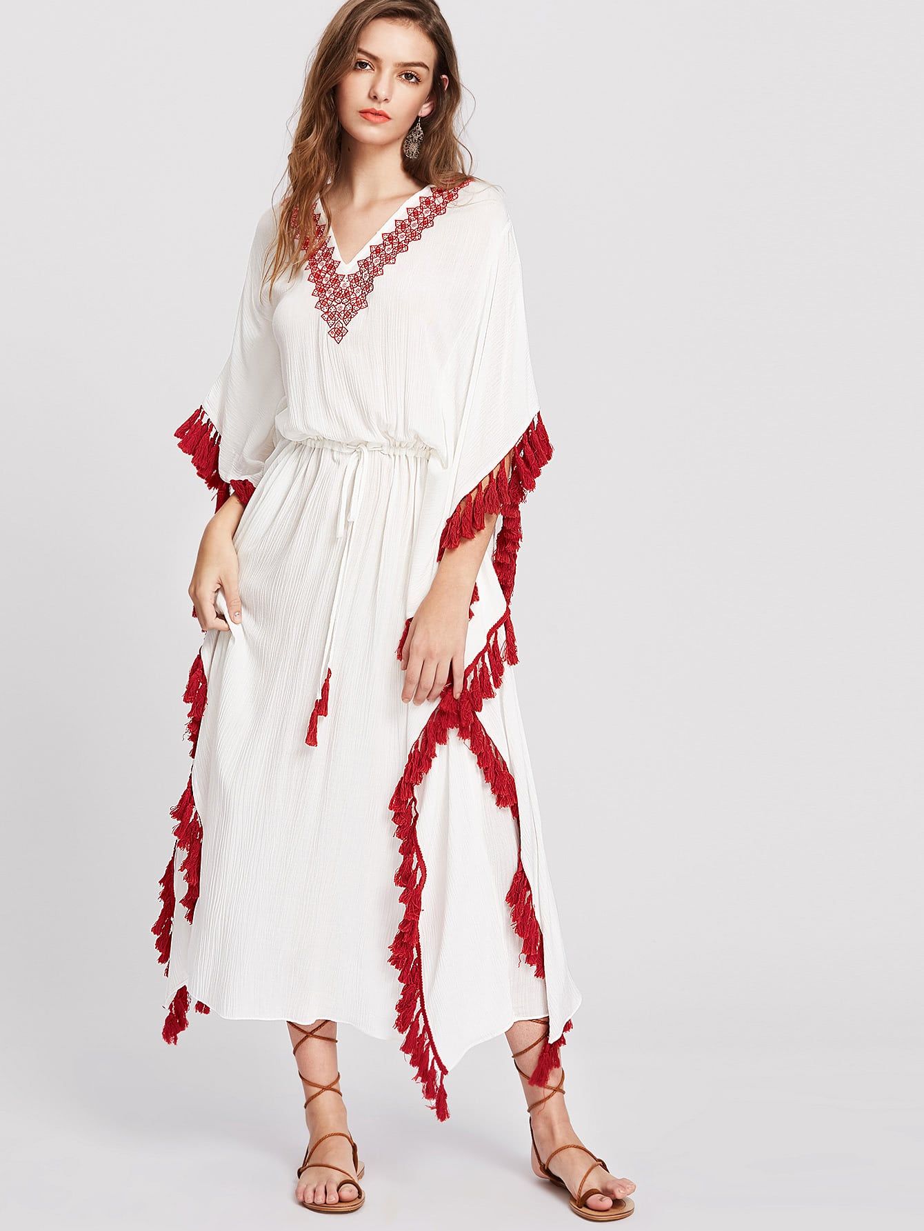 Tassel Trim Embroidered V Neck Dolman Sleeve Dress | SHEIN