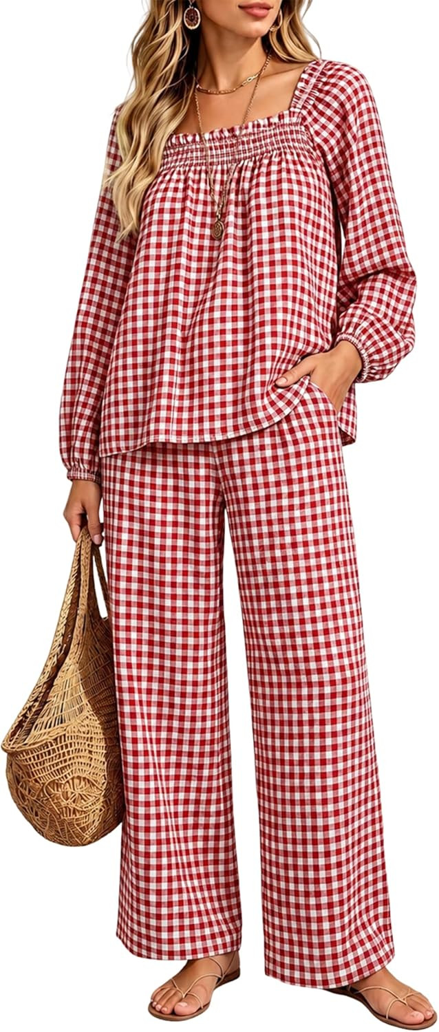 Womens Gingham 2 Piece Outfits Casual Cotton Lounge Set | Amazon (US)