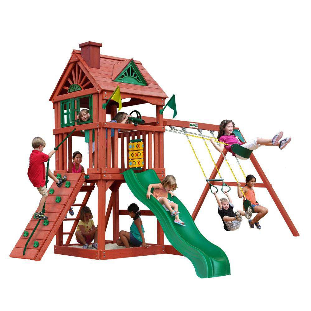 Nantucket II Wooden Playset with Slide and Rock Wall | The Home Depot