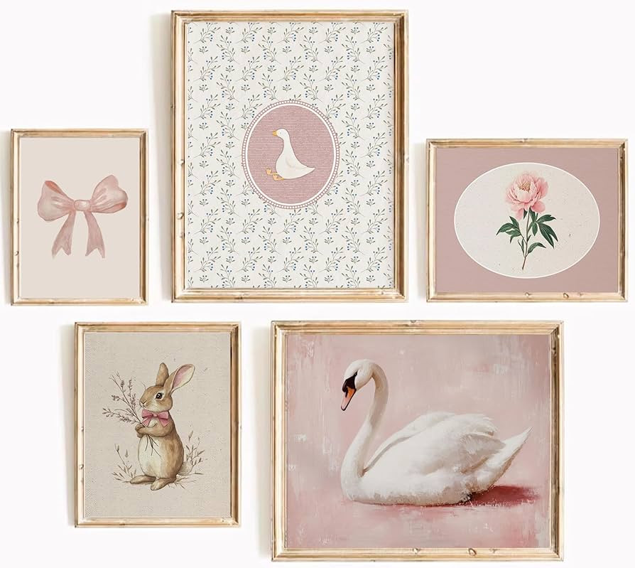 YUFXSTZV 5Pcs Vintage Pink Nursery Wall Art Pink Bow Wall Decor Flowers Animal Canvas Painting Bu... | Amazon (US)
