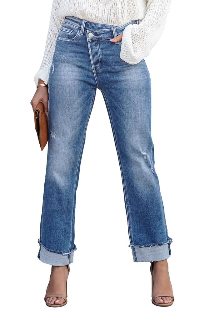 Jeans for Women Trendy High Waisted Corssover Boyfriend Jeans Distressed Stretchy Denim Pants | Amazon (US)
