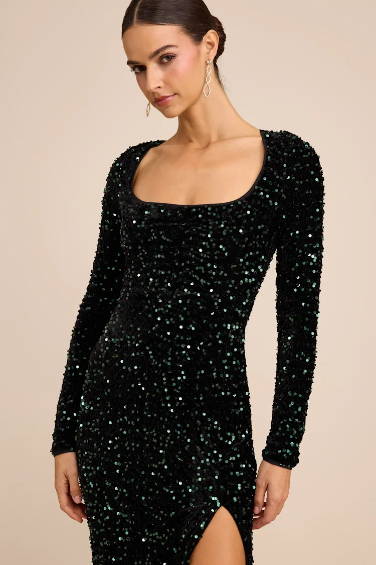 Rhonna Emerald Green Velvet Sequin Mermaid Maxi Dress | Lulus