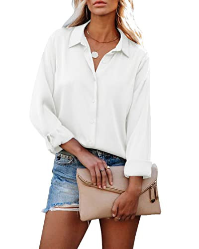 HOTOUCH Long Sleeve White Button Up Shirts for Women Collared Work Shirt Chiffon Business Blouses White L | Amazon (US)