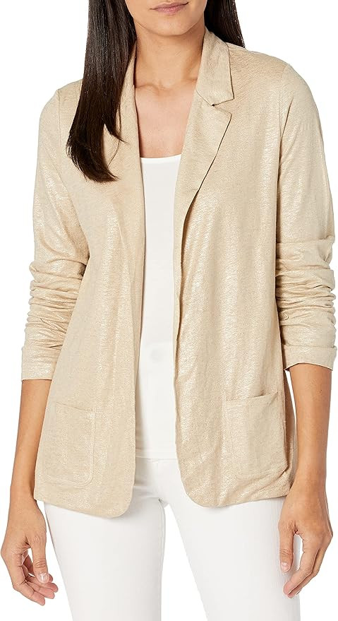 Majestic Filatures Women's Linen/Silk/Elastane Metallic Long Sleeve Open Blazer | Amazon (US)