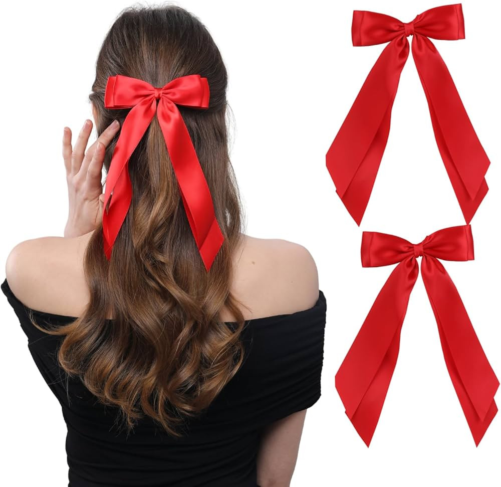 LuSeren 2 PCS Double Layer Hair Bows Red Hair Ribbon Clips Ponytail Holder Accessories for Women ... | Amazon (US)
