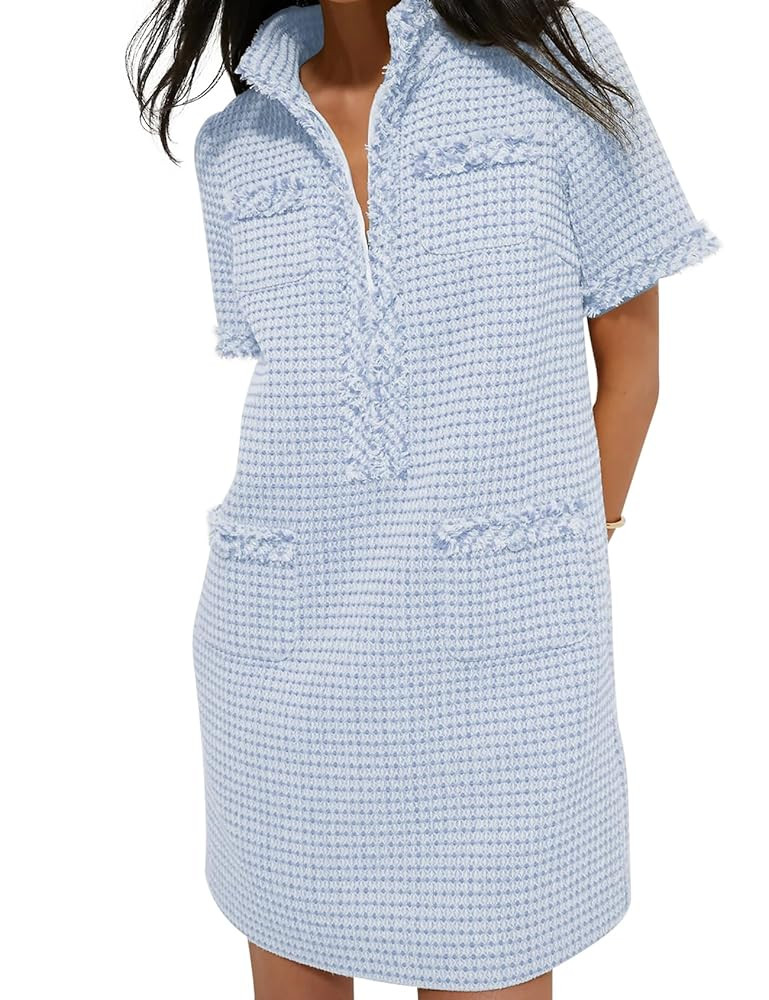 COZYPOIN Womens Tweed Mini Dress Elegant Front Half Zipper Short Sleeve Casual Work Straight Tube... | Amazon (US)