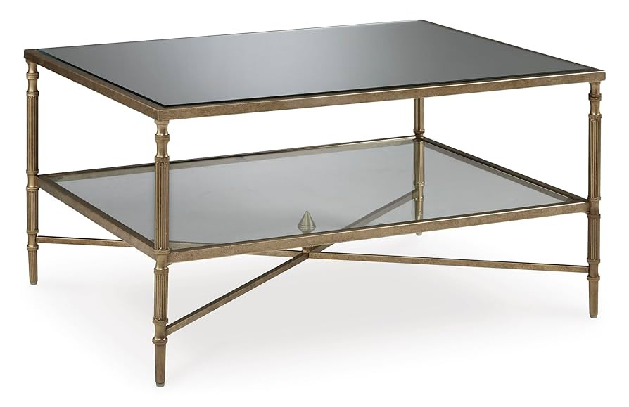 Signature Design by Ashley Cloverty Mid-Century Coffee Table with 1 Glass Shelf and Embellished L... | Amazon (US)
