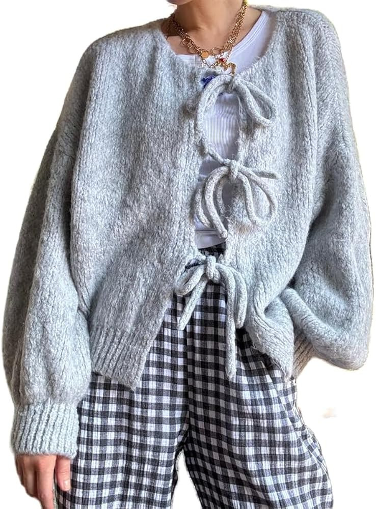 Women Y2k Tie Front Knitted Cardigan Sweater Long Sleeve Open Front Oversized Cardigan Knitwear T... | Amazon (US)