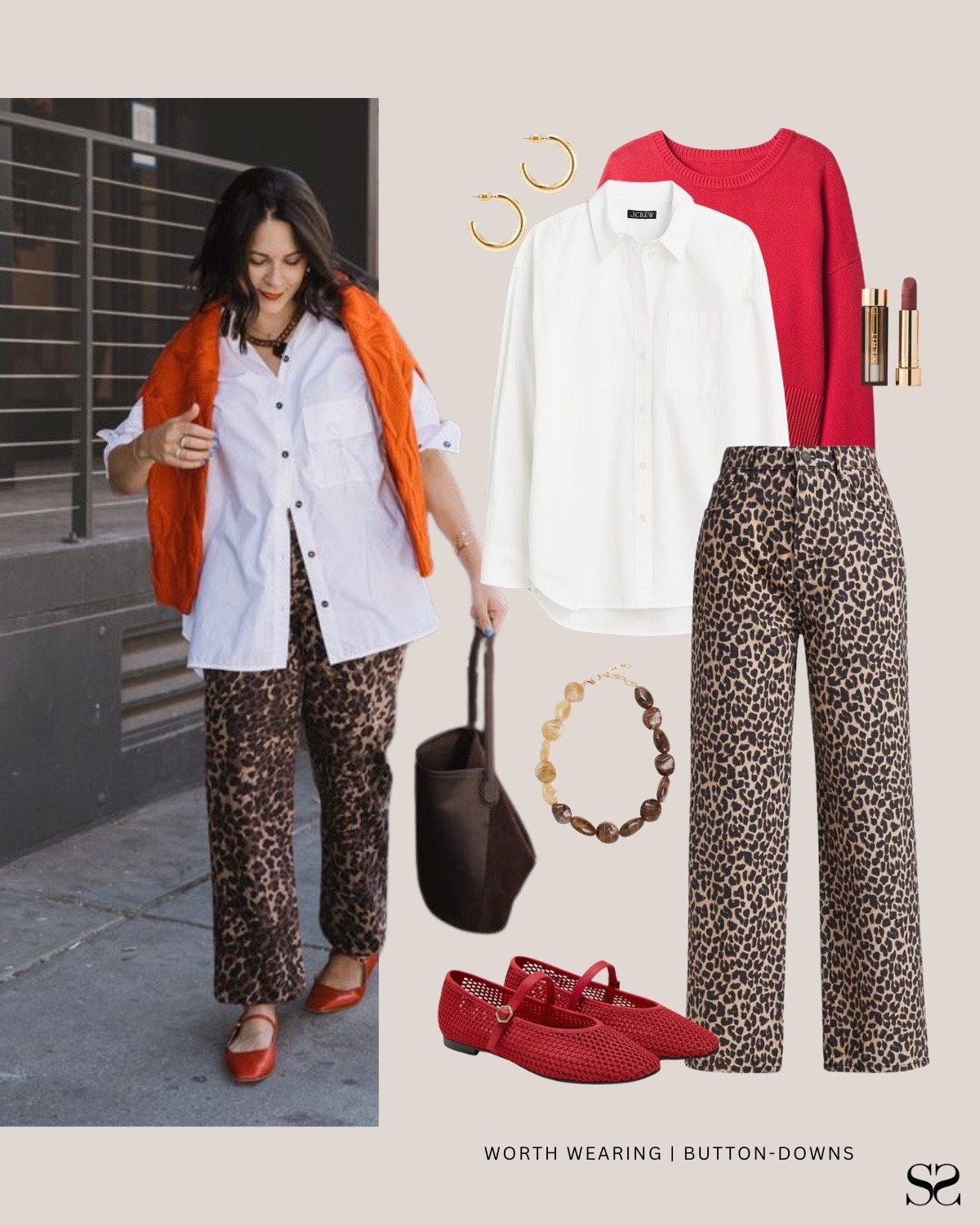 White button-down shirt with leopard print trousers for Spring! The white button-down as a base lets the bold pieces do all the talking. Leopard trousers, a draped red sweater, red Mary Janes. It holds it all together.

White button-down shirt, leopard print trousers, red draped sweater, red Mary Jane flats, statement necklace

#LTKgrwm #LTKSeasonal #LTKootd