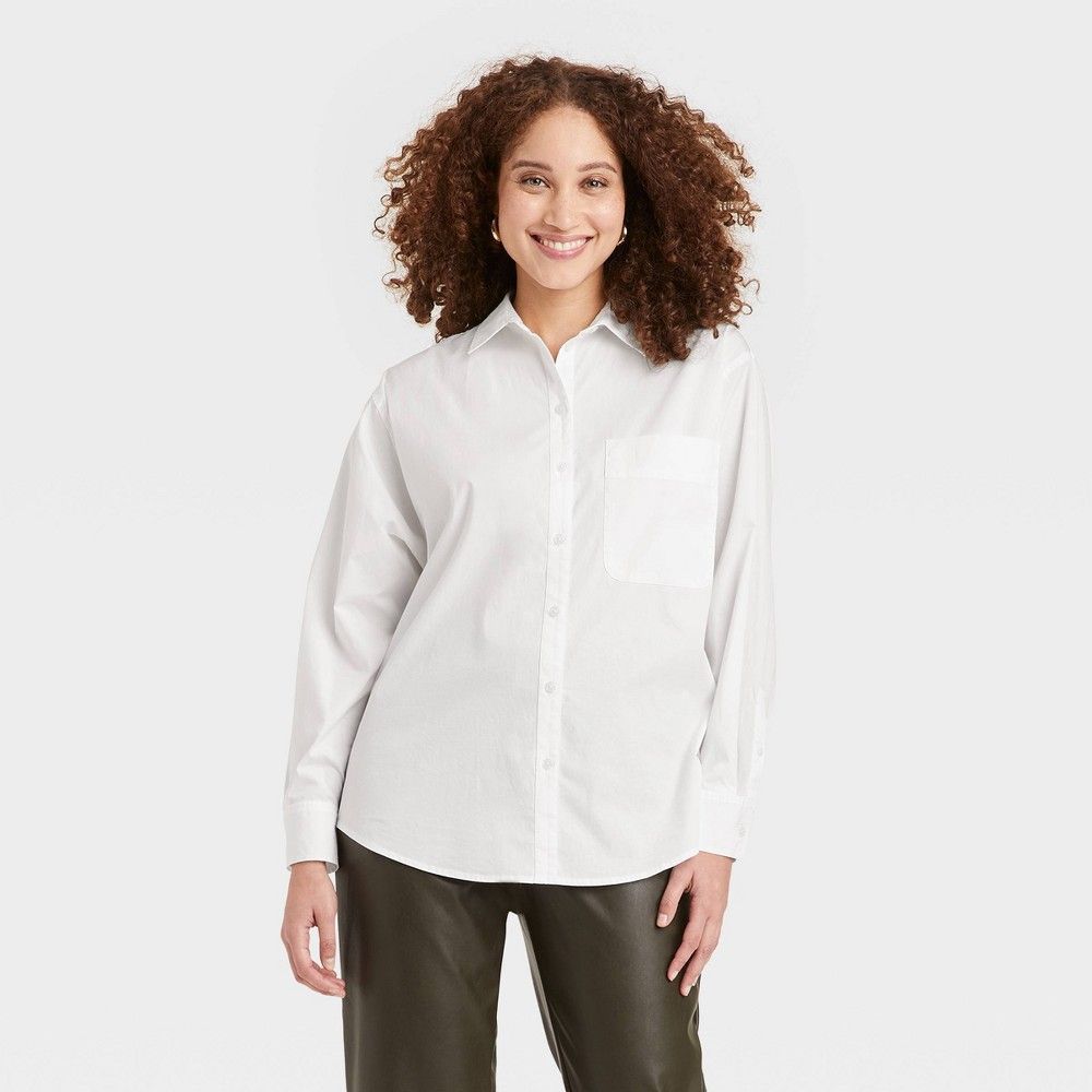 Women's Long Sleeve Oversized Button-Down Boyfriend Shirt - A New Day White XL | Target