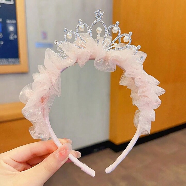 1pc Princess Style Crown Headband With Mesh, Bowknot, Pearl Beads, Pleated Hem, Floral Embroidery... | SHEIN