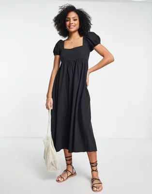 ASOS DESIGN soft denim babydoll midi dress in washed black | ASOS (Global)