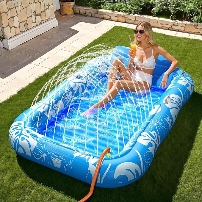 Inflatable Tanning Pool Lounger Float with Sprinkler, 77" x 48" Pool Floats Adult with Pillow, 6 ... | Amazon (US)