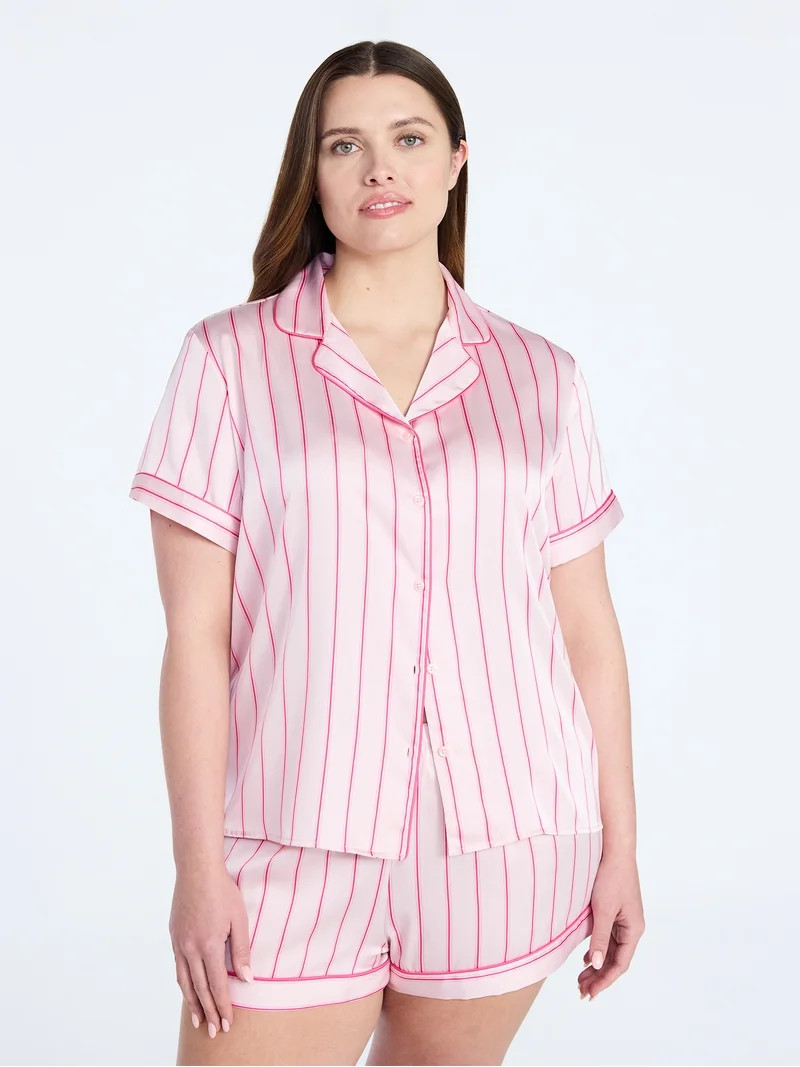 Joyspun Women’s Stretch Satin Short Sleeve Top and Shorts Pajama Set, Sizes XS-3X | Walmart (US)