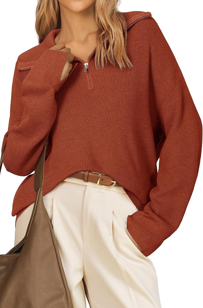Arach&Cloz Women's Wool Blend Quarter Zip Pullover Sweater Trendy Winter Soft Casual Lapel Oversi... | Amazon (US)