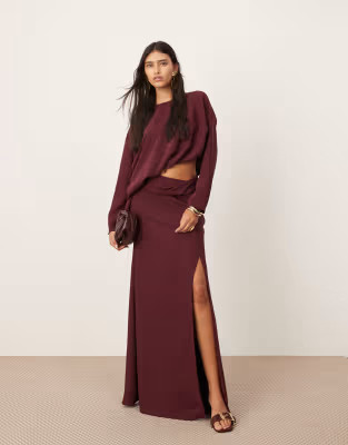 ASOS EDITION drape cut out waist maxi dress in burgundy | ASOS (Global)