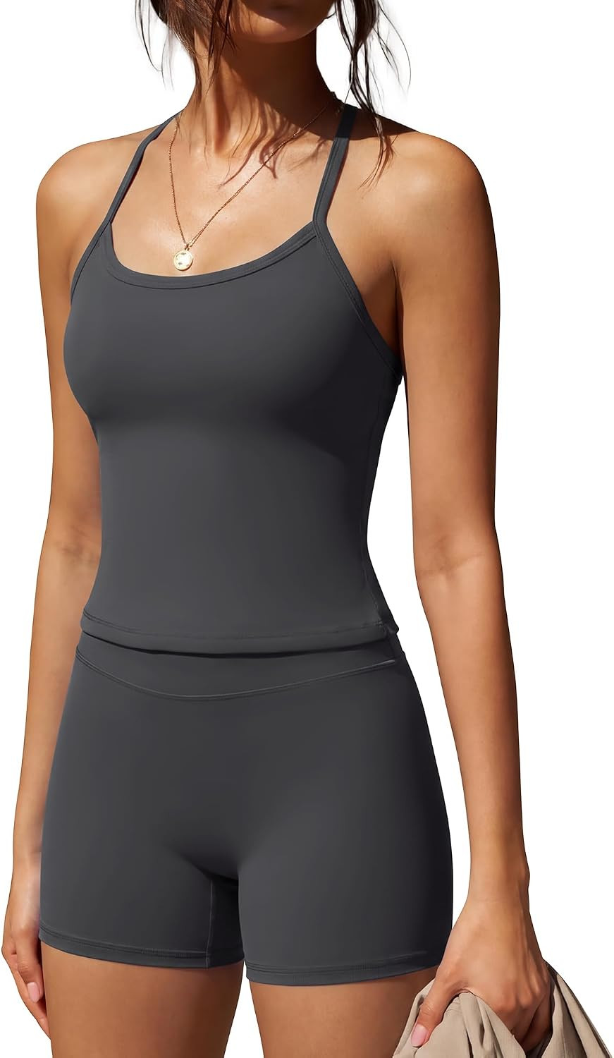 SUUKSESS Women 2 Piece Workout Sets High Waisted Tummy Control Biker Shorts Halter Padded Tank Tops | Amazon (US)