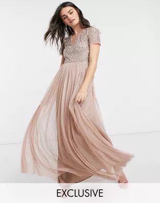 Maya Bridesmaid v neck maxi tulle dress with tonal delicate sequins in taupe blush | ASOS (Global)