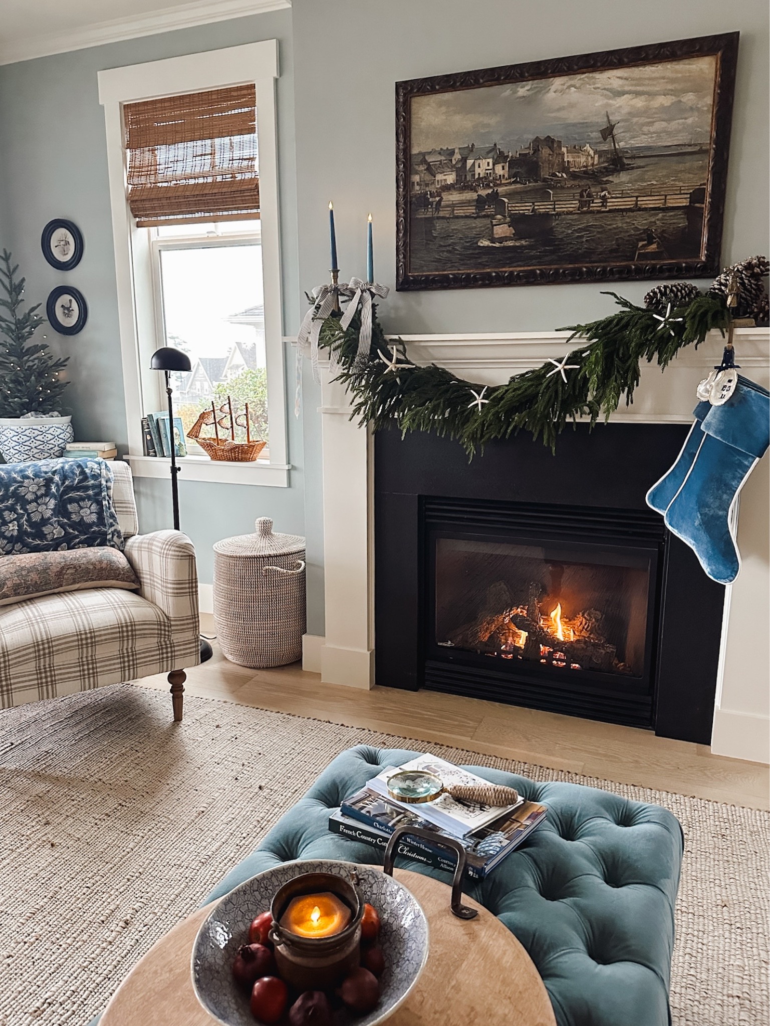 Christmas living room plaid chair, stockings, jute cotton rug, bamboo shades 

#LTKHoliday #LTKstyletip #LTKhome