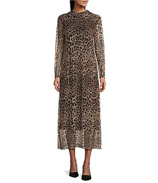 M Made in Italy Leopard Mesh Mock Neck Long Sleeve A-Line Maxi Dress - L | Dillard's