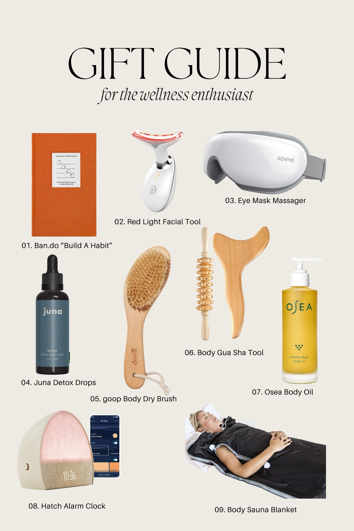 Welcome to my hand-picked gift guide perfect for all of your skincare + wellness junkies. These gifts include habit tracker journals perfect for New Year’s resolutions, eye massagers, red light facial therapy, body oil, detox drops, gua sha, hatch alarm clocks and more  

#LTKfindsunder100 #LTKHoliday #LTKGiftGuide