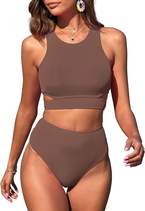 ZAFUL Women's Swimsuit Bikini Sets Two Piece Swimsuit Scoop Neck Tank Side Cutout Midkini Stitchi... | Amazon (US)