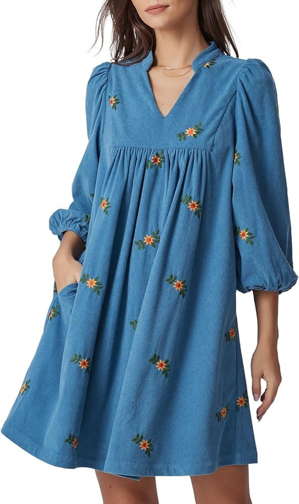 Corduroy Dress Women Embroidered Fall Winter Empire Waist V Neck Babydoll Mini Dress with Pockets | Amazon (US)
